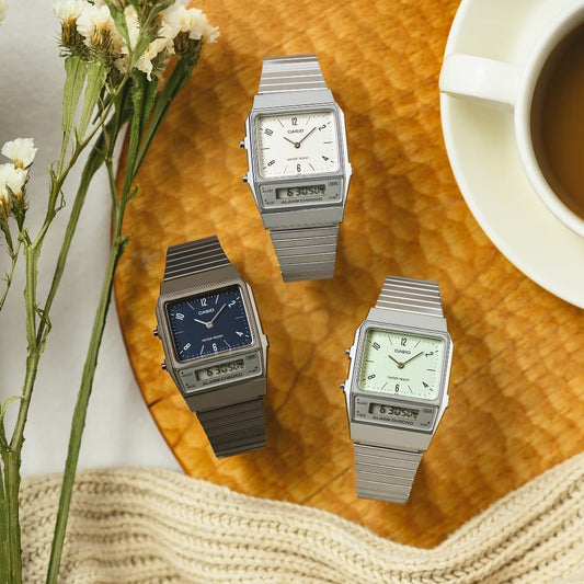 Casio Vintage Clásico para Hombre y Mujer con Pulsera de Metal y Doble Hora – AQ-800E-3A