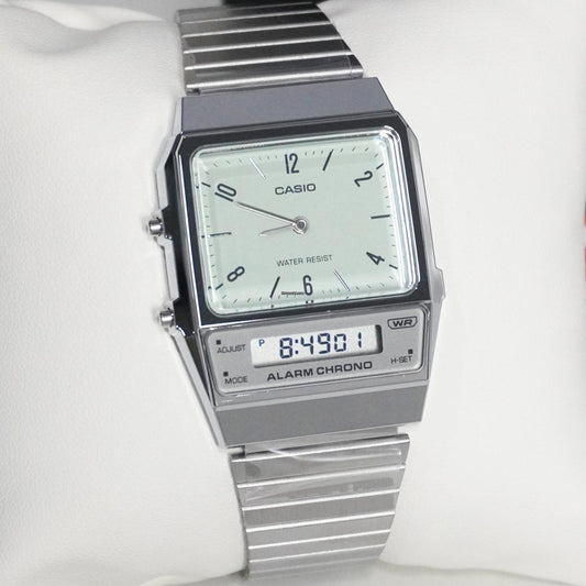 Casio Vintage Clásico para caballero y dama con Pulsera de Metal y Doble Hora – AQ-800E-7A2