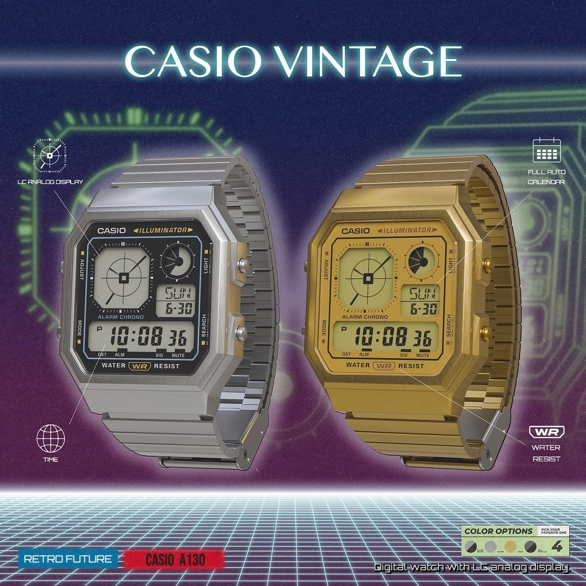 Casio de hombre pulsera de acero inoxidable digital – A130WEG-9A