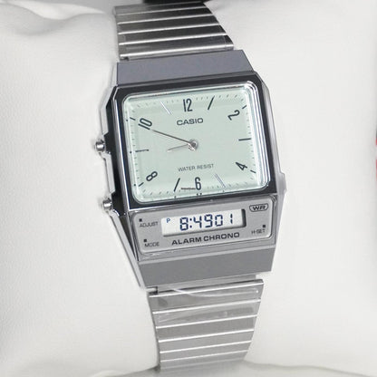 Casio Vintage Clásico para caballero y dama con Pulsera de Metal y Doble Hora – AQ-800E-7A2