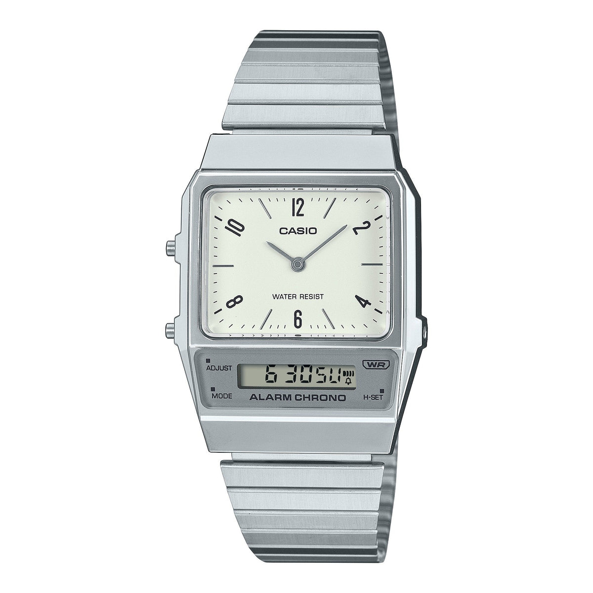 Casio Vintage Clásico para caballero y dama con Pulsera de Metal y Doble Hora – AQ-800E-7A2