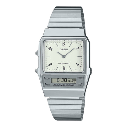 Casio Vintage Clásico para caballero y dama con Pulsera de Metal y Doble Hora – AQ-800E-7A2