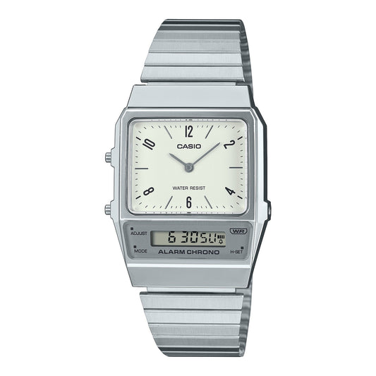 Casio Vintage Clásico para caballero y dama con Pulsera de Metal y Doble Hora – AQ-800E-7A2