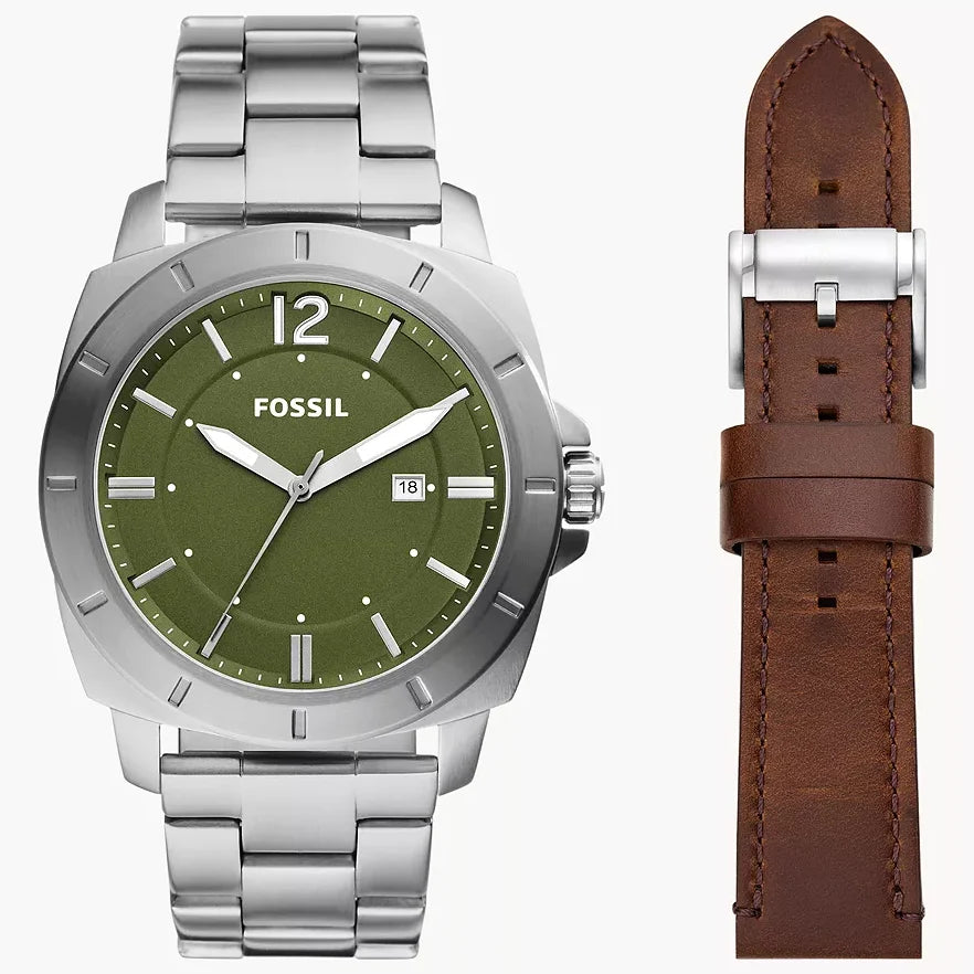 Fossil Privateer de caballero pulsera de metal más pulsera de cuero 45mm – BQ2795SET