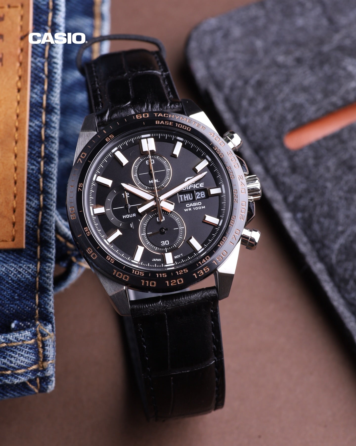 Edifice de hombre correa de piel – EFR-574BL-1AV