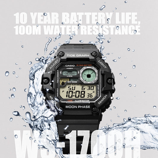 Casio Gráfica de marea, Illuminator, 10 años de batería, Fase Lunar para Hombre – WS-1700H-1AV