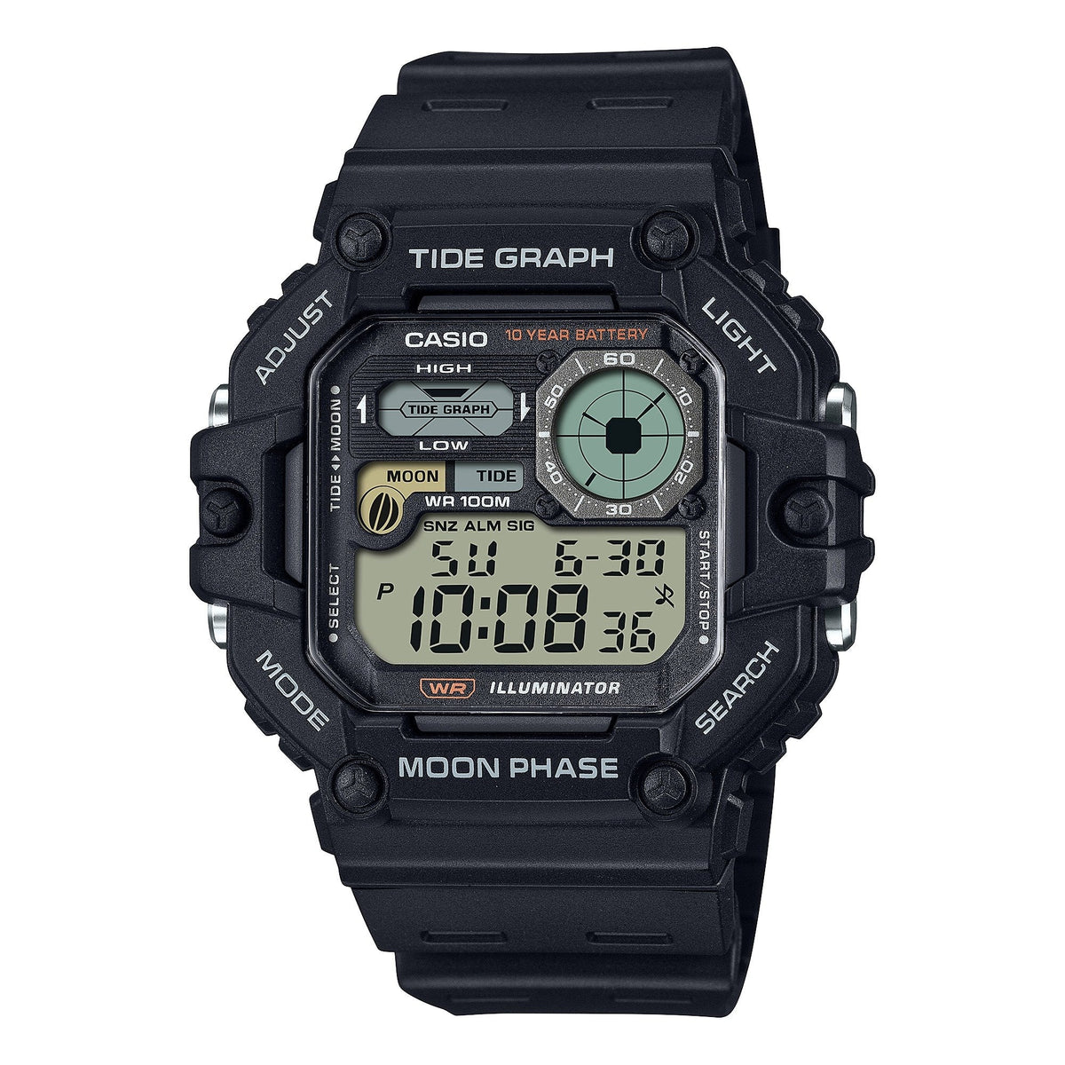 Casio Gráfica de marea, Illuminator, 10 años de batería, Fase Lunar para Hombre – WS-1700H-1AV