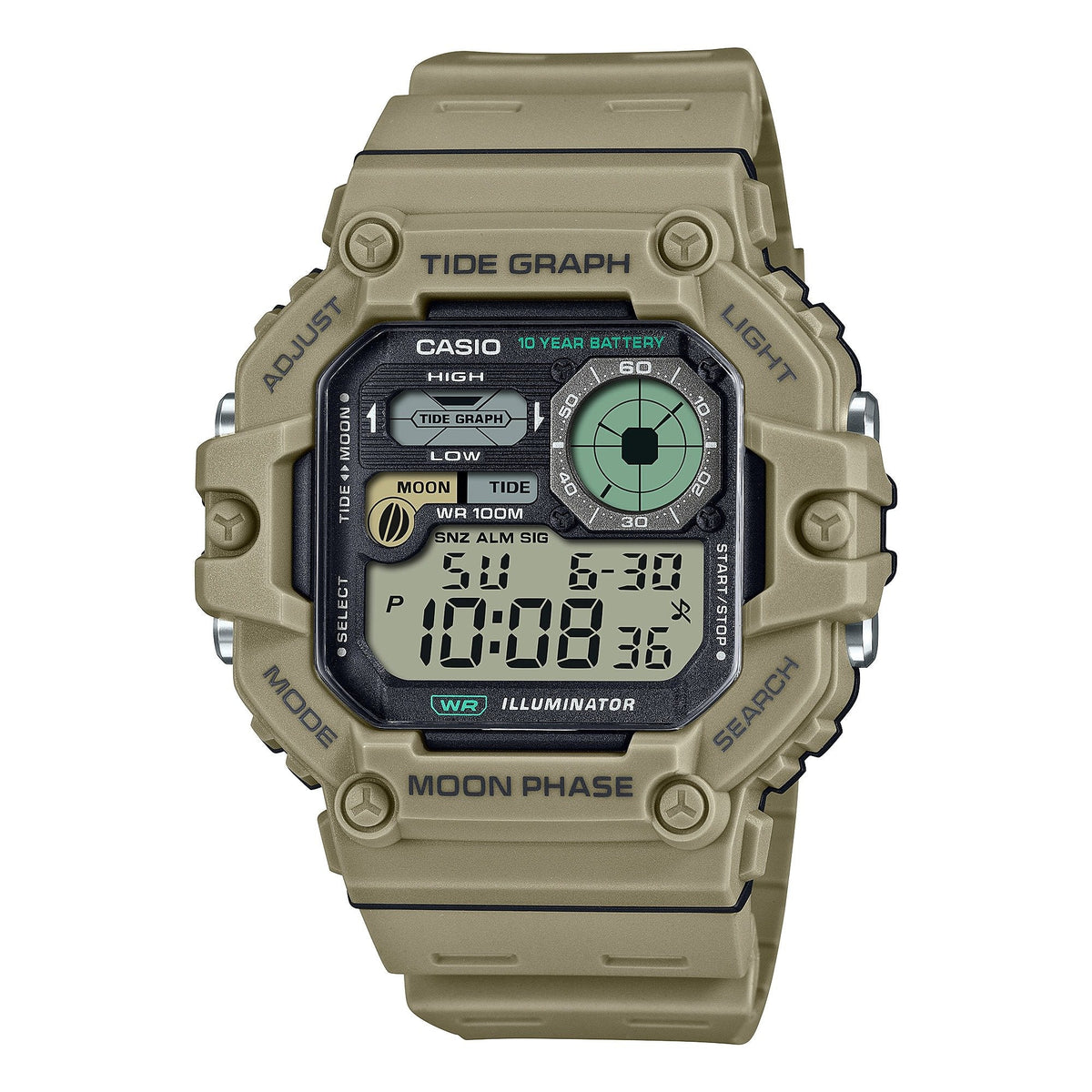 Casio Gráfica de marea, Illuminator, 10 años de batería, Fase Lunar para Hombre – WS-1700H-5AV