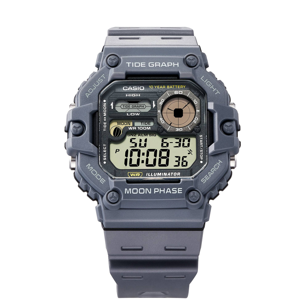 Casio Gráfica de marea, Illuminator, 10 años de batería, Fase Lunar para Hombre – WS-1700H-8AV