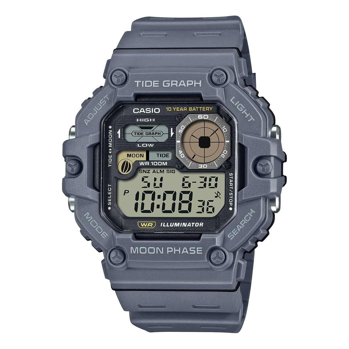 Casio Gráfica de marea, Illuminator, 10 años de batería, Fase Lunar para Hombre – WS-1700H-8AV